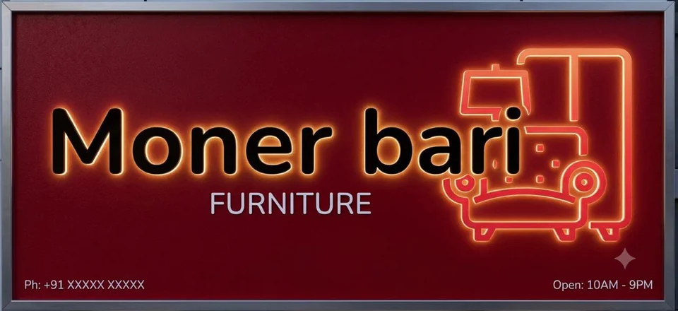 Moner Bari Furniture brand sign with a burgundy background and a glowing furniture emblem